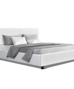 Double Full Size Bed Frame Base Mattress Platform White Leather Wooden NEO
